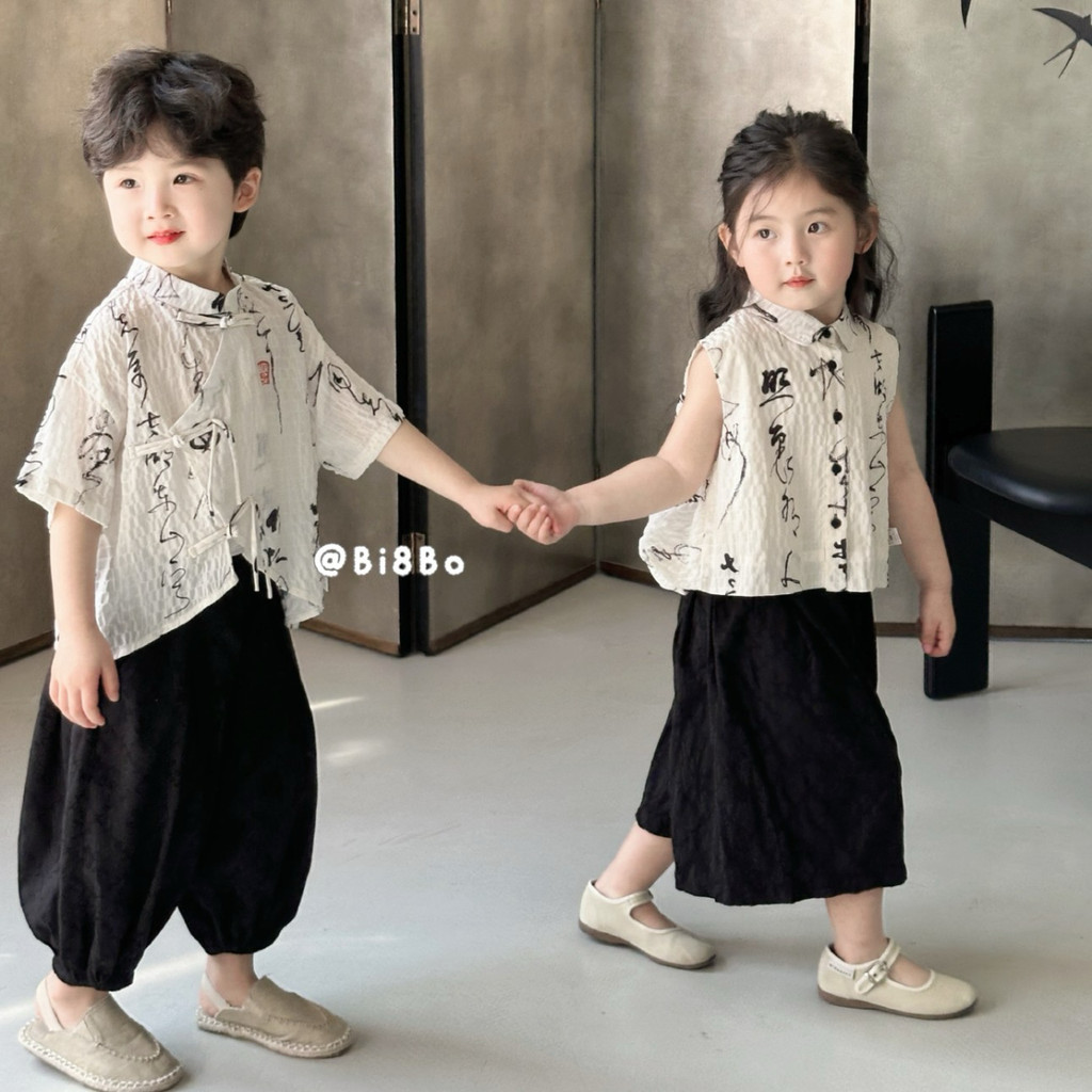 Gaya Cina laki-laki dan perempuan 2025 baju anak-anak modis terbaru musim panas jas pertunjukan Hanf