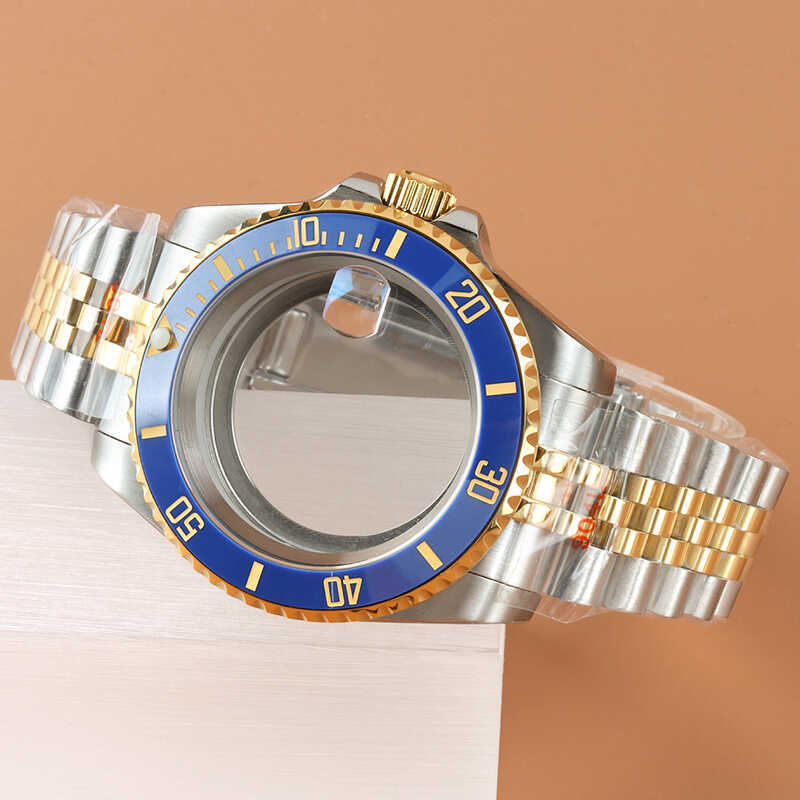 Casing Jam Tangan Emas 40mm NH35, Bezel Keramik Biru Tua, Kaca Safir, untuk Mesin SUB GMT NH34 NH35 