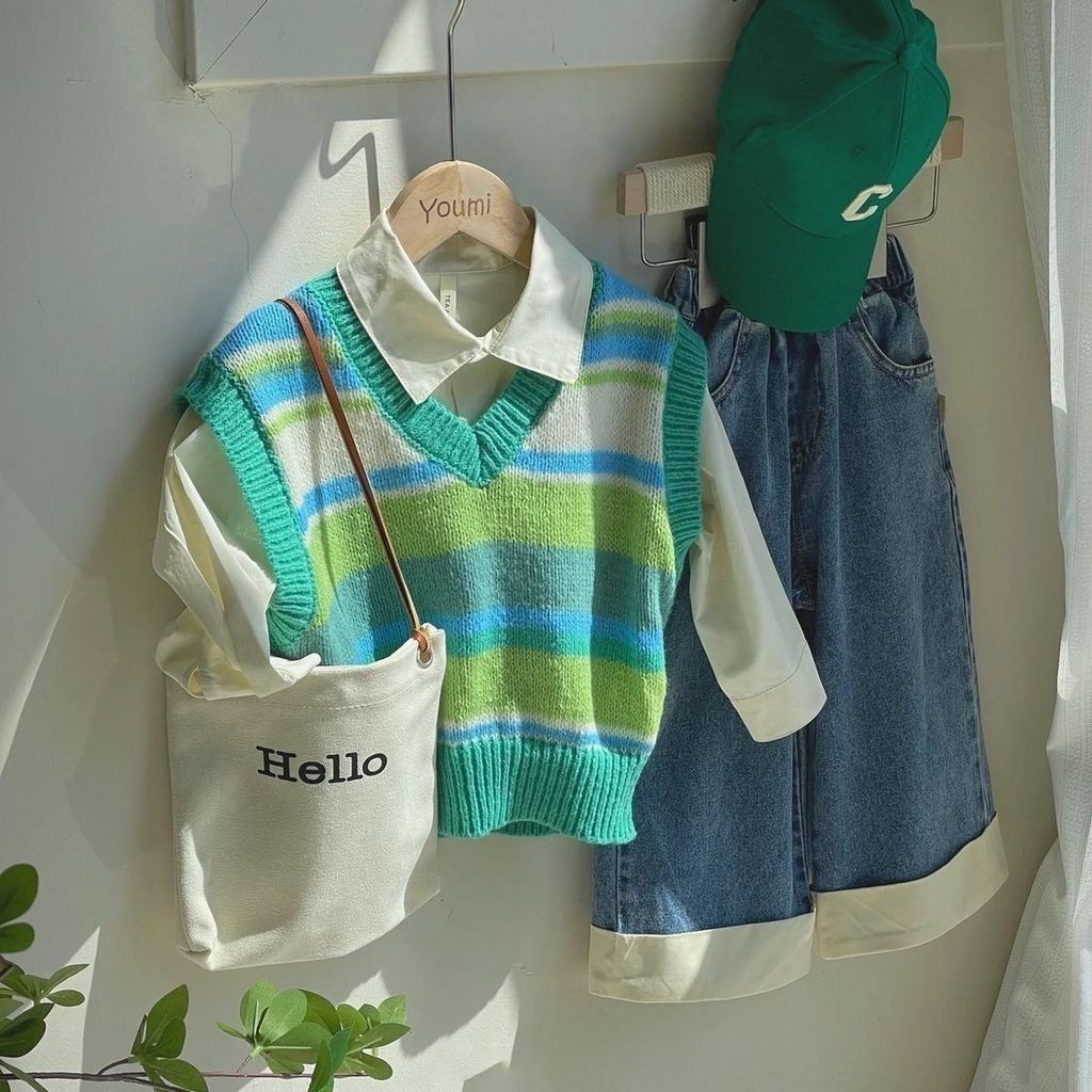 Setelan Anak 3 Piece 2025 Gaya Korea / Setelan Rompi Rajutan & Jeans Trendi / Set Kemeja + Rompi Raj