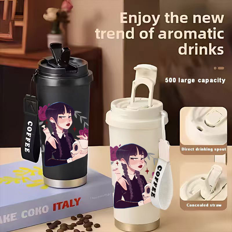 Wednesday Movie Gothic Tumbler Kopi Stainless Steel CUP 500 ML Vacuum Mug Termos Coffee Cup CUPLXSP0