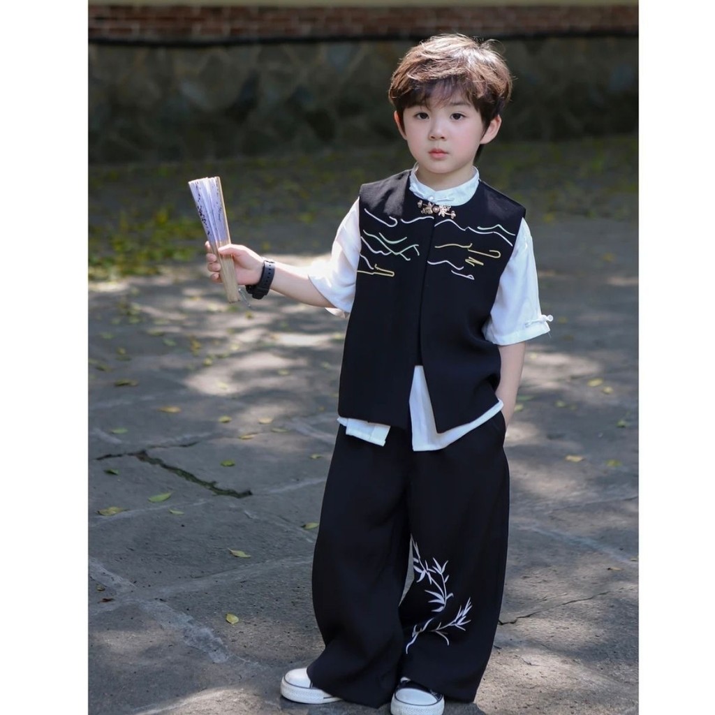 Anak laki -laki 2025 tinta musim panas dan kamar mandi bambu sajak baru gaya Cina dicetak rompi bamb