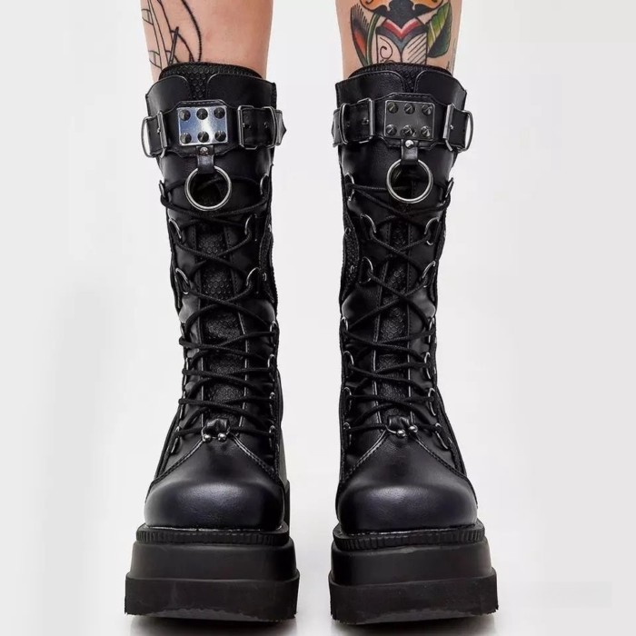 Demonia 9.5cm Thick-soled Motorcycle Boots Y2k Dark Gothic Punk Mid-calf Boots For Women Black