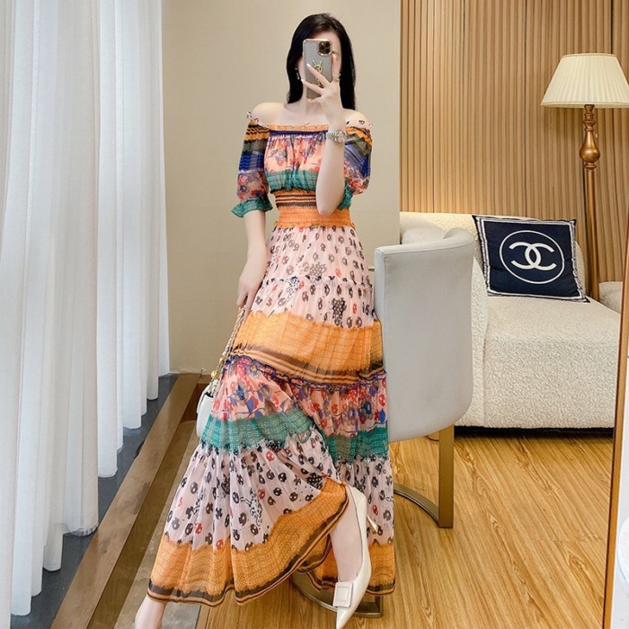Bohemian Seaside Beach Vacation One-shoulder Chiffon Dress Fairy New Off-shoulder Long Skirt Summer
