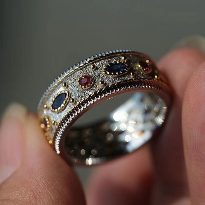 925 Sterling Silver Inlaid With Pigeon Blood Red And Blue Diamonds. Gorgeous, Noble And Fashionable