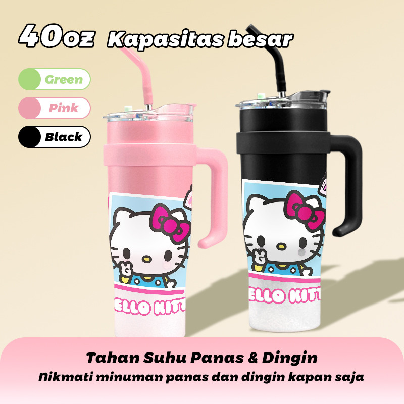 Hello Kitty Tumbler dengan pegangan Botol Minum Kapasitas Besar 1200ml Termos Minuman Dingin Stainle