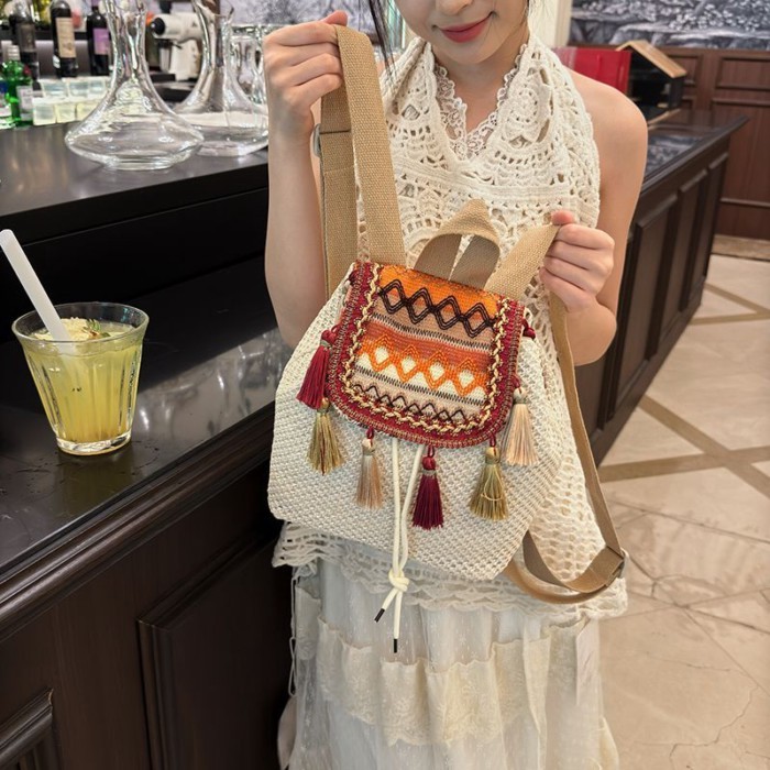 Ransel Jerami Gaya Cina Baru, Tas Wanita Gaya Kuno, Tas Travel Etnik Cina, Ransel Bergaya Dan Serba