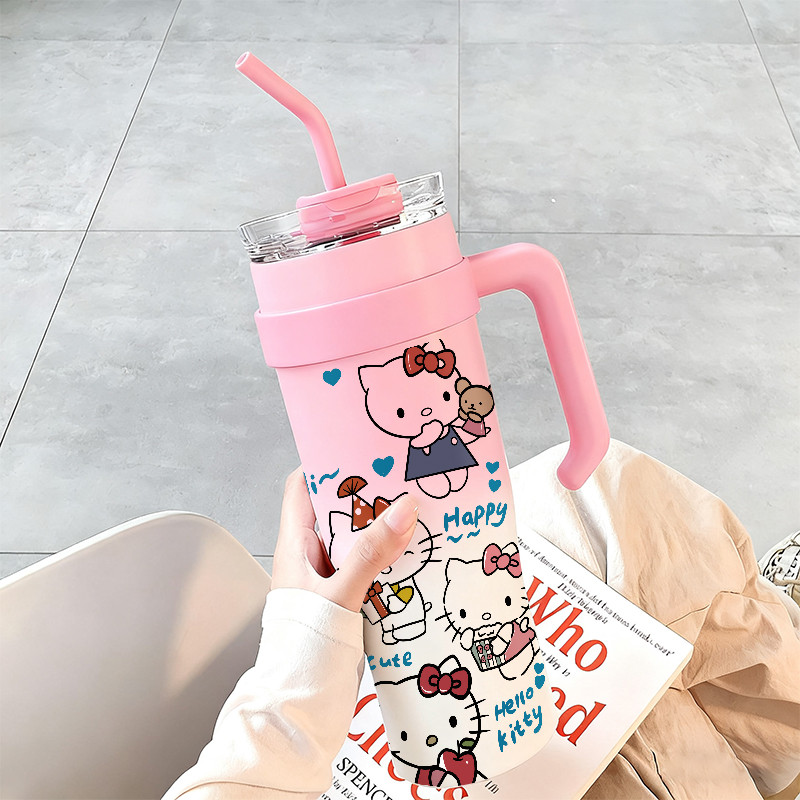 Hello Kitty Pink Bear Tumbler dengan pegangan Botol Minum Kapasitas Besar Kotak hadiah  1200ml Termo