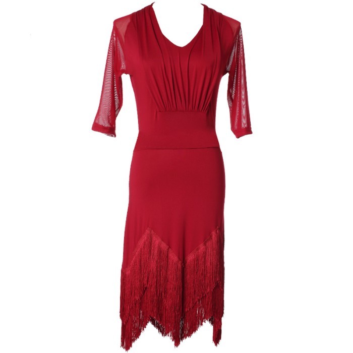 Huayu Dance International Ballroom Dance Latin Mesh Pearl Tassel Dress Latin Dance Performance Cost