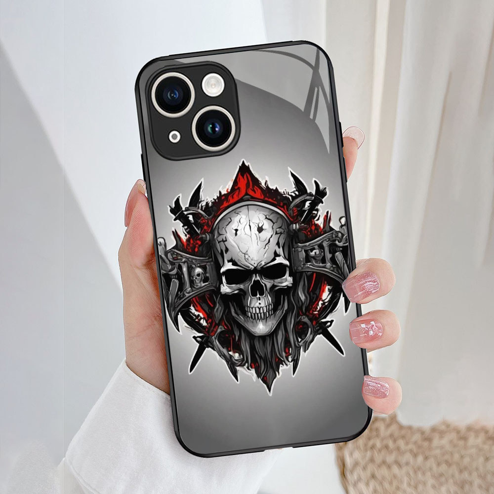 A2-42 panji tengkorak Casing ponsel kaca tempered iPhone Mini 12 13 11 Pro Max