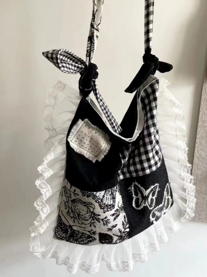 Tas Kain Kotak-kotak Hitam dan Putih Kupu-kupu Renda Ceruk Baru Tas Selempang Bahu Sastra dan Serbag