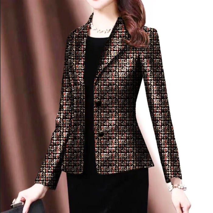 Setelan Motif Kotak-kotak Ramping Gaya Korea Baru Musim Gugur Elegan dengan Kerah Lebar, Ukuran Besa