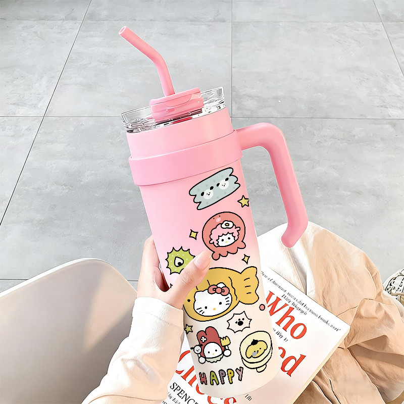 Tulips Flowers Green Tumbler dengan pegangan Botol Minum Kapasitas Besar  Kotak hadiah 1200ml Termos