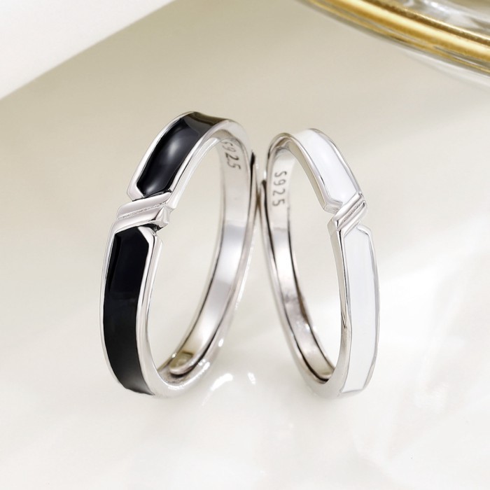 Temperament Versatile Couple Ring S925 Sterling Silver Bond Black And White Ring Personality Temper