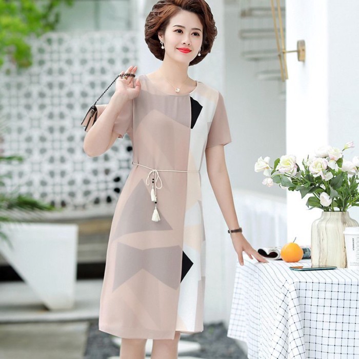 Sufa 2026 Gaun Musim Panas Ibu Muda Gaya Baru Rok Sifon Wanita Temperamen Mulia Paruh Baya dan Tua