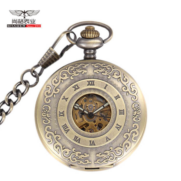 Jam Tangan Keren Saku Mekanik Otomatis Berongga Romawi Klasik dengan Penutup Flip Vintage Unisex Had