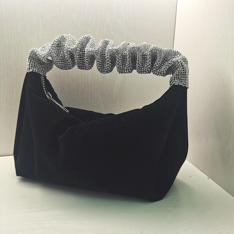 Tas Wanita Beludru Baru 2026, Gaya Populer Online, Bertabur Berlian Hitam, Malam, Tangan Persegi Ber