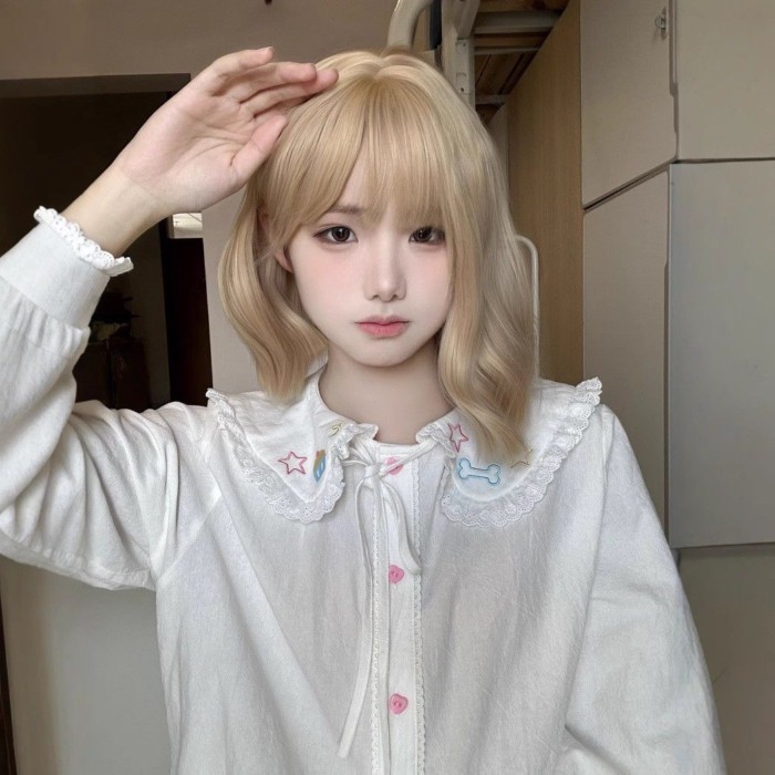 Bob keriting wol Fian Yun Jiaren, riak air platinum yang lucu, rambut pendek anak perempuan, gaya tu