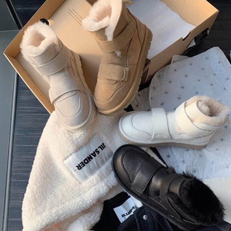 Sepatu Booth Bulu Suding Stok Tersedia Salju Permukaan Kulit Velcro Bot Pendek Wanita Katun Hangat G