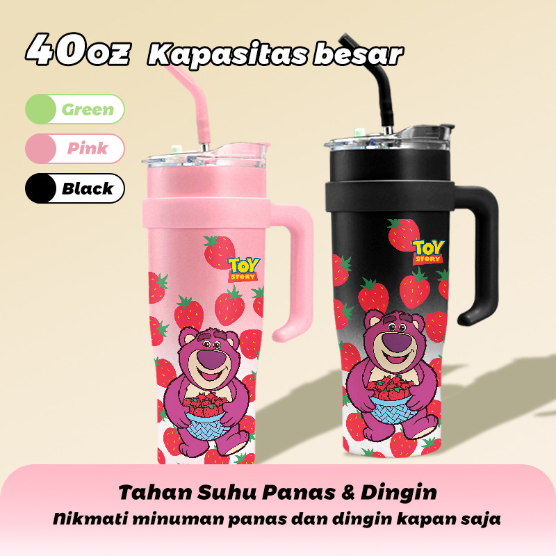 Bear Strawberries  Tumbler dengan pegangan Botol Minum Kapasitas Besar 1200ml Termos Minuman Dingin 