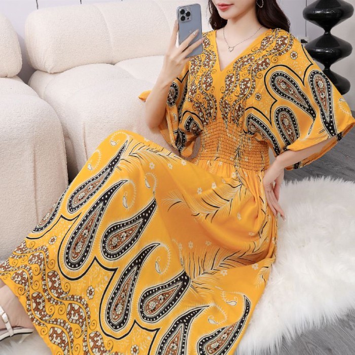 Gaun Sutra Katun Rok Pantai Panjang Menengah Mode Musim Panas Sutra Katun Gaun Panjang Bohemian Libu