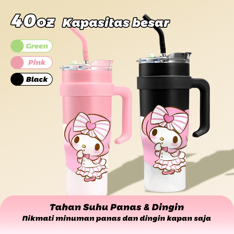 Hello Kitty Pink outfit Big bow Tumbler dengan pegangan Botol Minum Kapasitas Besar 1200ml Termos Mi