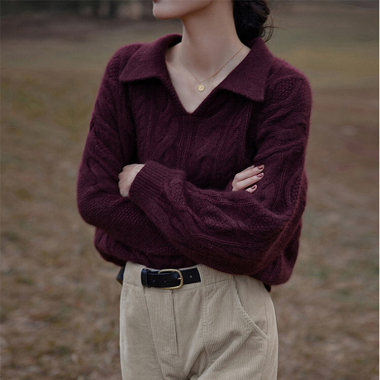 Atasan Wanita Sweater Sweater Rajut Kabel Retro Prancis PLOL untuk Wanita,    2024 Pakaian Luar Long