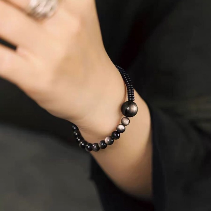 Gelang Wanita Obsidian Perak Gaya Ping An Guo Hadiah Pasangan Kepang Buatan Tangan Desain Anak Laki-
