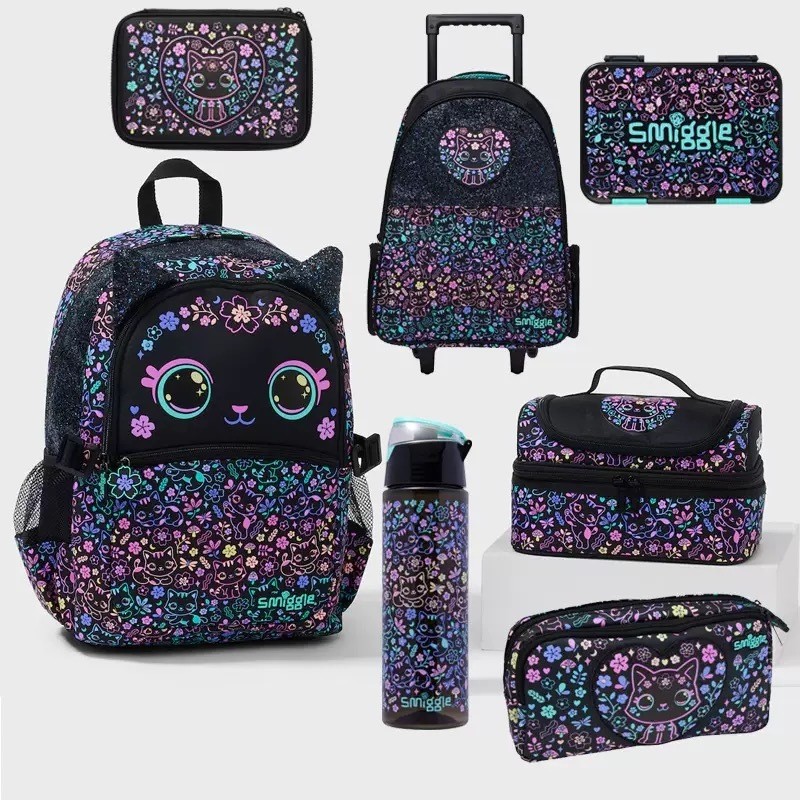 Tas Sekolah Anak Terbaru Bergulir Kucing Hitam Kartun Smiggle Australia Baru, Ransel Dasar, Kapasita