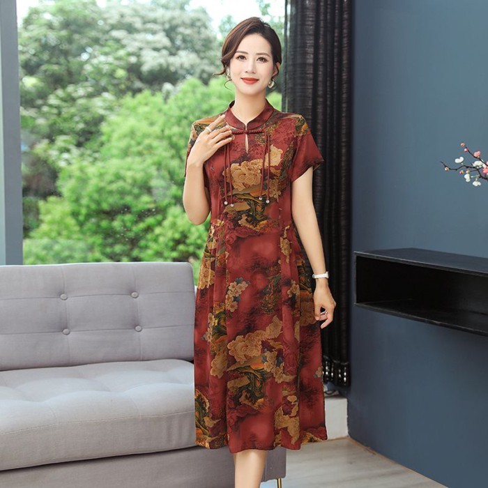 Gaun Temperamen Cheongsam Ditingkatkan Musim Panas Gaya Cina Rok Ibu Kasa Xiangyun Baru Setengah Bay
