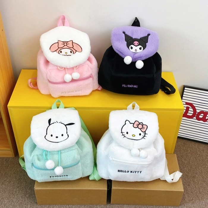 Tas Ransel Bulu Karakter Sanrio | Tas Hadiah Claw Machine Kapasitas Besar Tas Sekolah Tas Santai Tas