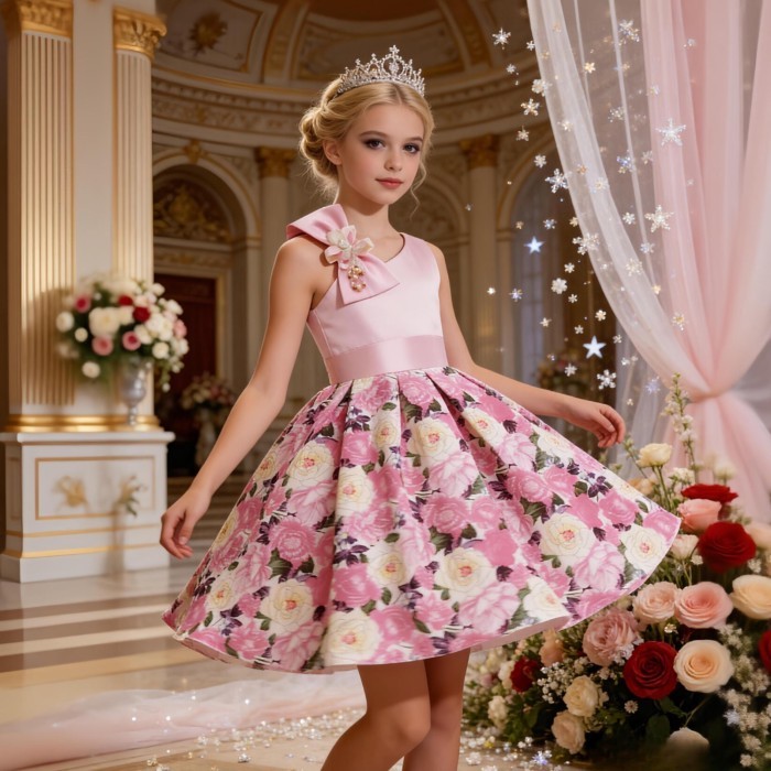 Gaun Anak-anak Bahu Terbuka Gaun Pita Tuan Rumah Gambar Mawar Kostum Pertunjukan Anak Perempuan Catw