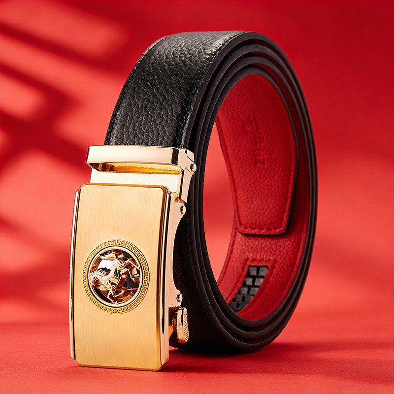 Sabuk Kulit Elegan Ikat pinggang pria dengan gesper otomatis, warna merah, untuk Tahun Kuda, lebar t