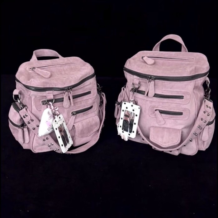 Ceruk Mochi Berry Merah Muda | Ransel Motor Paku Keling Ritsleting Banyak Saku Merah Muda Girly Asl