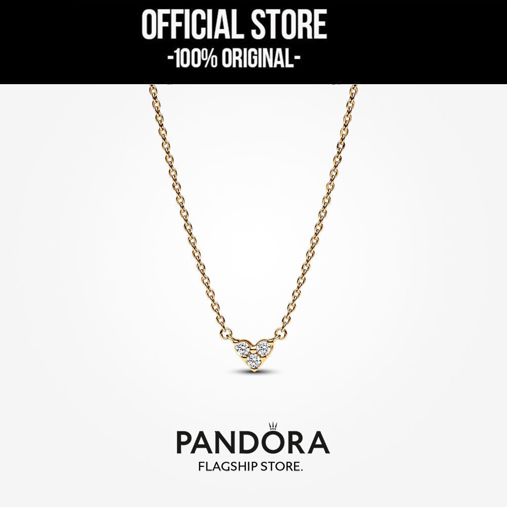 Pandora 14k Gold Plated Triple Stone Heart Collier Necklace (45cm) Kalung Wanita Manis & Elegan | Pe