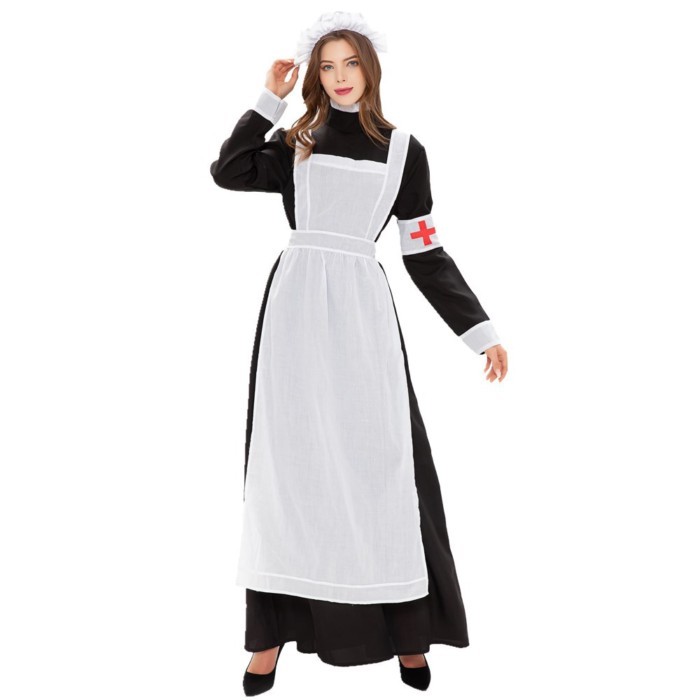 Halloween Red Cross Maid Costume Cosplay Housekeeper French Manor Maid Uniform Long Skirt Suit