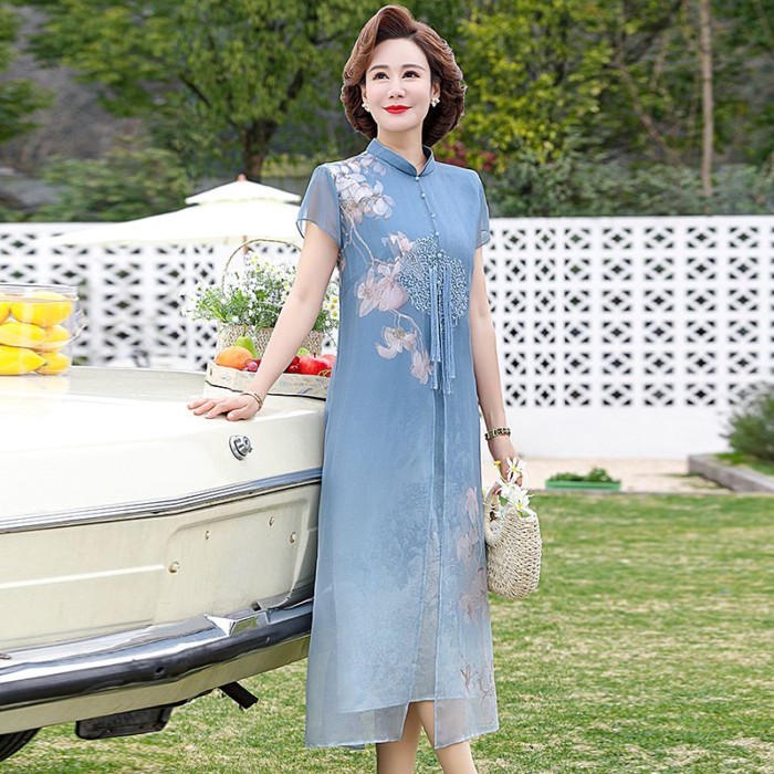 Gaun Gaya Nasional Cheongsam Setengah Baya Yang Ditingkatkan 2023 Gaun Musim Panas Ibu Paruh Baya da