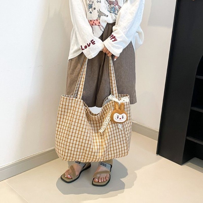 Tas Kanvas Kotak-kotak Kapasitas Besar Tas Kain Kasual Gaya Korea Gaya Kuliah Wanita 2025 Tas Tote K