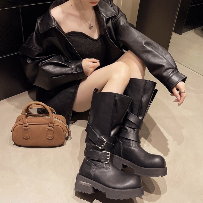 Women's Thick-soled Pleated Punk Motorcycle Boots 2025 Autumn New American Retro Belt Buckle Boots