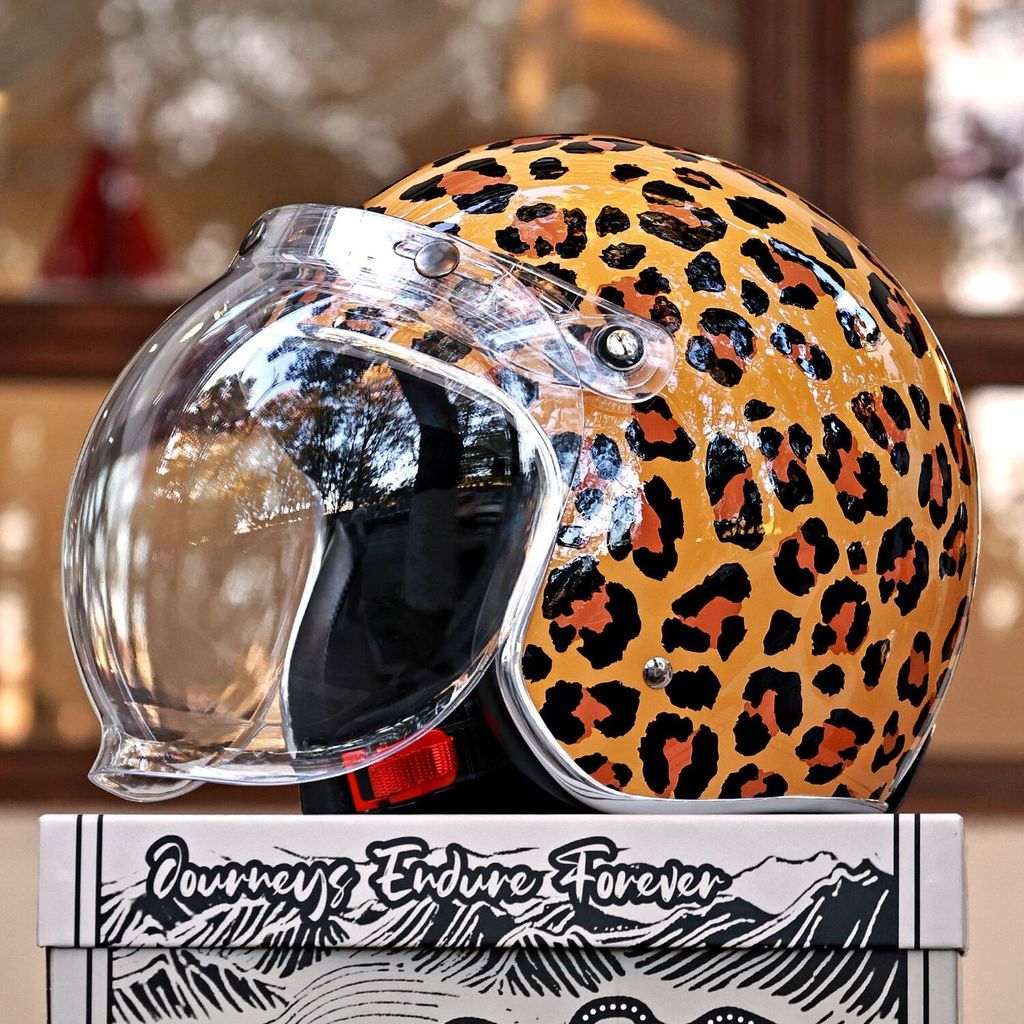 Helm Retro JEF Retro Cetakan Macan Wanita, Setengah 3/4 untuk Pria, Kepribadian Keren Sepeda Motor L