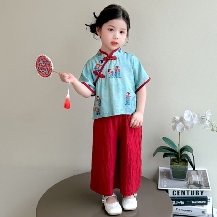 Setelan Gaya Cina Anak Perempuan Musim Panas 2026 Atasan Cina Baru Anak-anak Baru Celana Tipis Setel