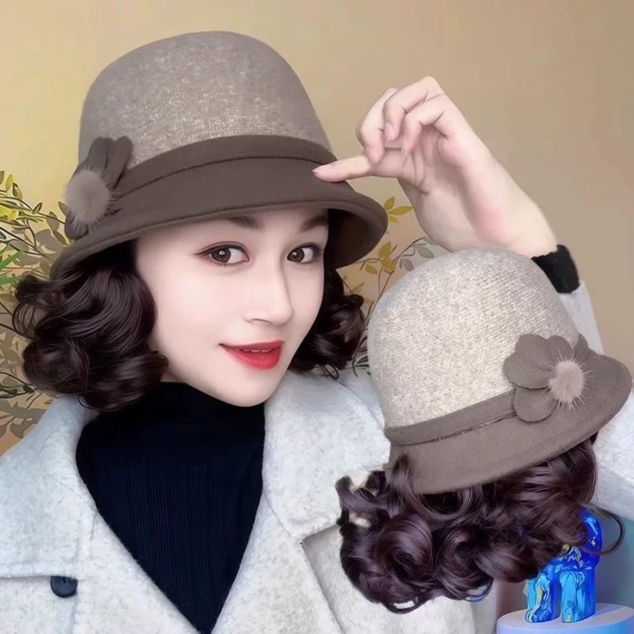 Wig Topi Bucket Wig topi rambut pendek Curly wig daily Wig topi korean style wanita topi gaya ibu mo