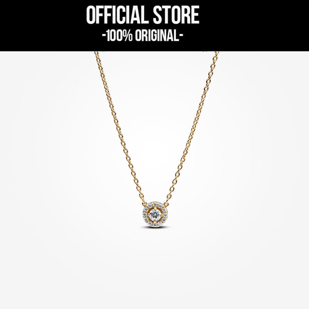 Pandora 14K Gold-Plated Round Pavé Halo Pendant Necklace Kalung Wanita Manis & Elegan | Perhiasan Ca