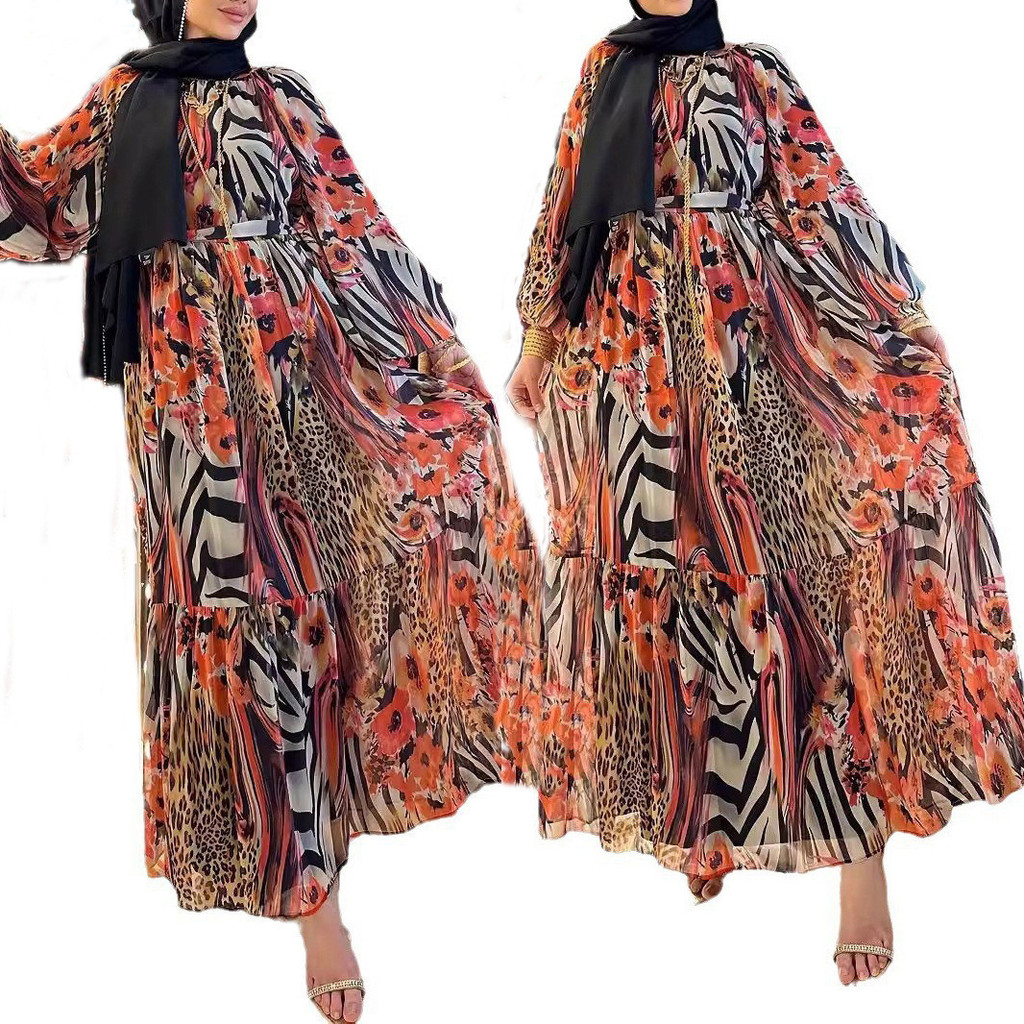 M2721 Gamis Wanita Gaya Etnik Wanita Fashion Chiffon Cetakan Macan Tutul Elegan  Berkualitas