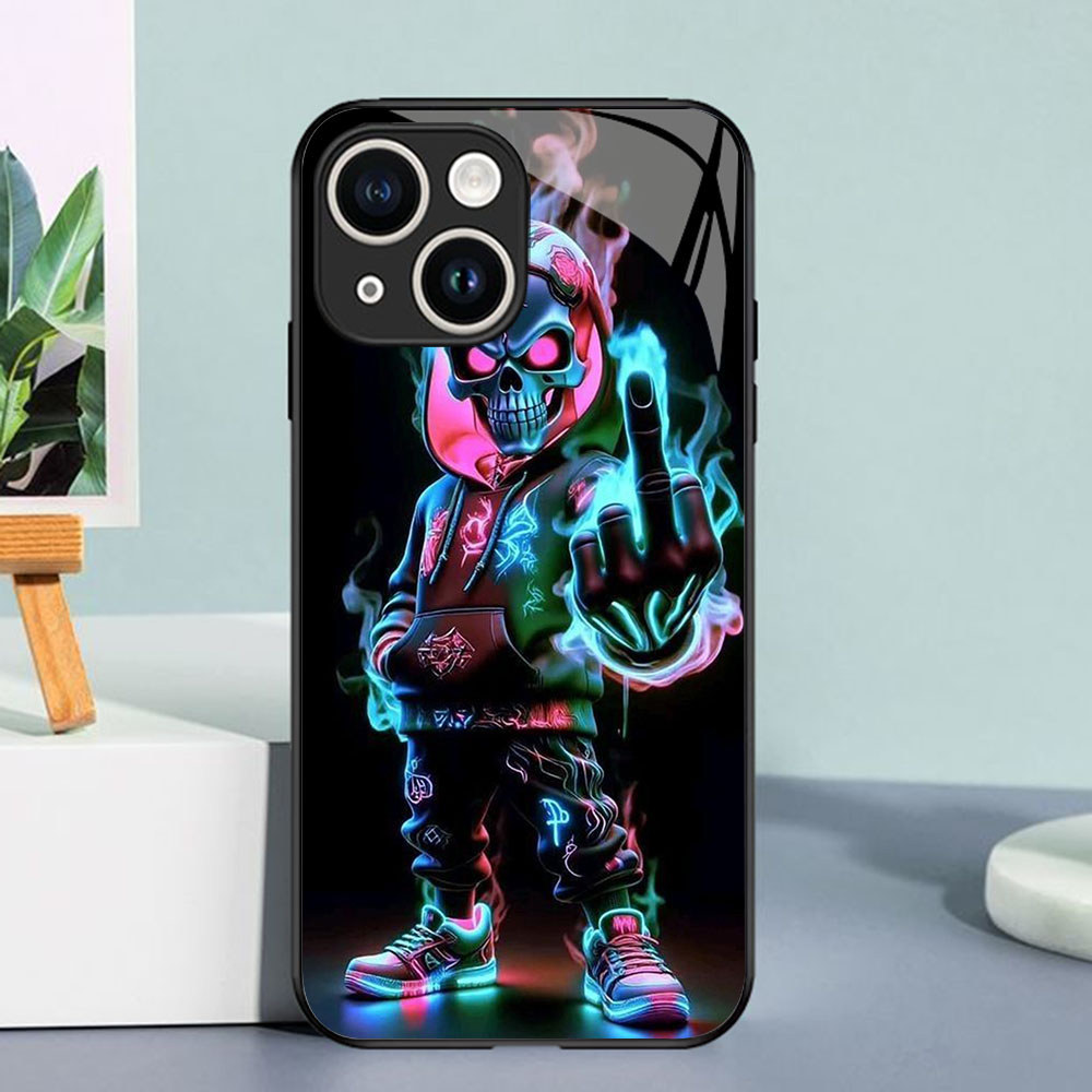 A2-64 Tengkorak Casing ponsel kaca tempered iPhone Mini 12 13 11 Pro Max