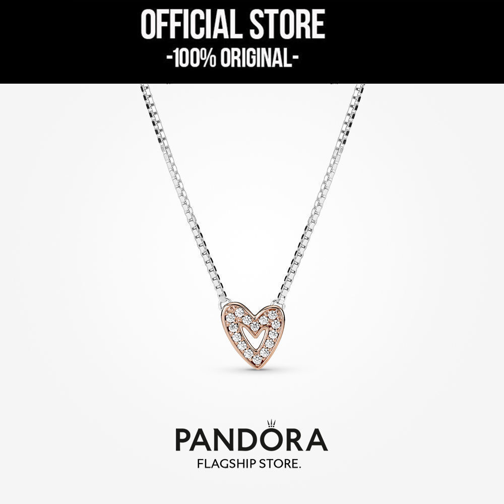 Pandora 14K Rose Gold Plated Sparkling Freehand Heart Necklace (45cm) Kalung Wanita Manis & Elegan |