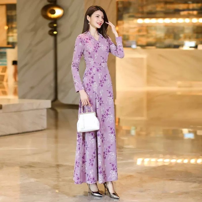 Gaun Bunga Ungu Muda Wanita 2024 Awal Musim Gugur Rok Maxi Ramping Temperamen Kualitas Tinggi Mewah 