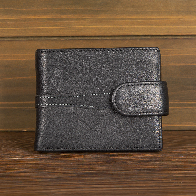 Dompet Pria Elegan Asli Gesper Horizontal Jepret Lapisan Atas Kulit Sapi Jahitan Kasual Trendy Koin 
