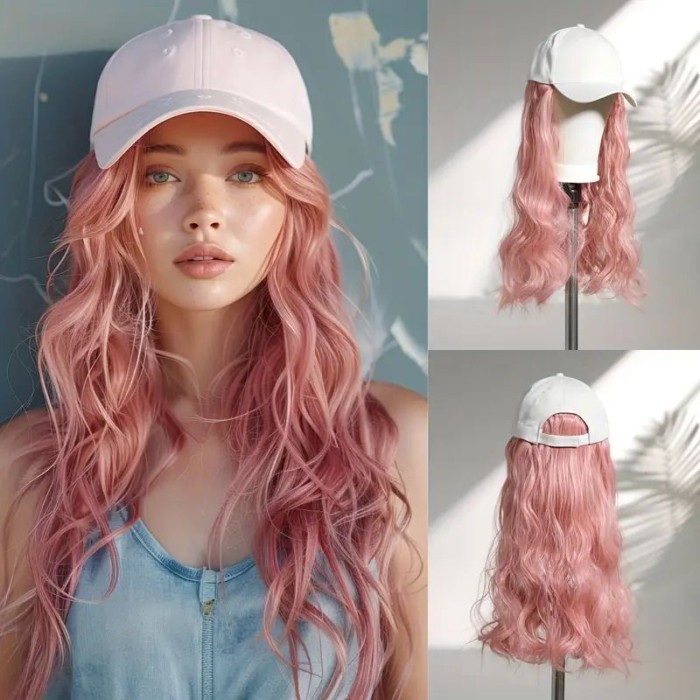Topi, Wig, All-in-one, Topi Memuncak Putih Modis, Rambut Merah Muda Wanita Bergelombang Besar, Tutup