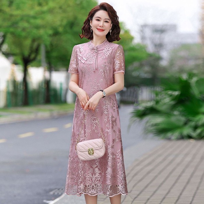 Gaun Cheongsam Lengan Pendek Renda Nenek Xi Gaun Pernikahan Musim Panas Wanita Ibu Usia Menengah Gau