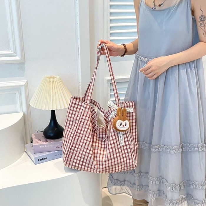 Tas Kanvas Kotak-kotak Kapasitas Besar Tas Kain Kasual Gaya Korea Gaya Kuliah Wanita 2025 Tas Tote K